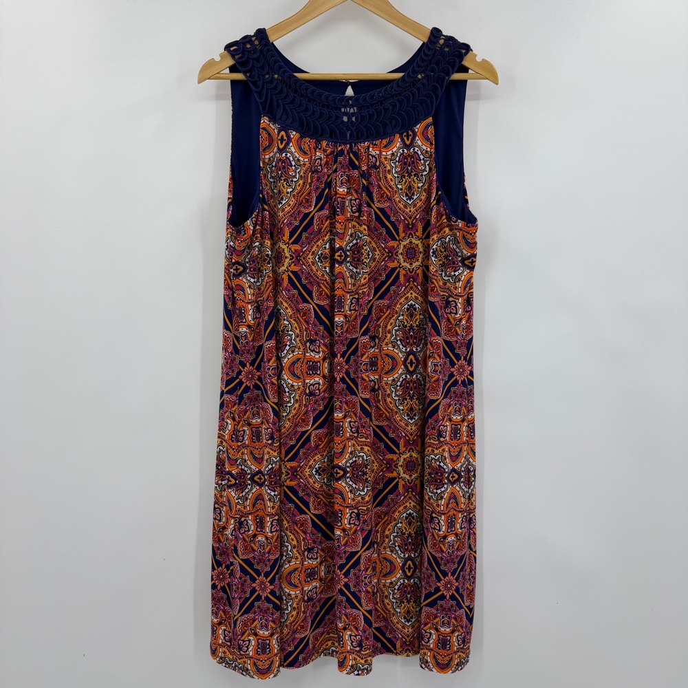 Jessica Howard Shift Dress Womens 18 Blue Orange Paisley Crochet Neck Sleeveless